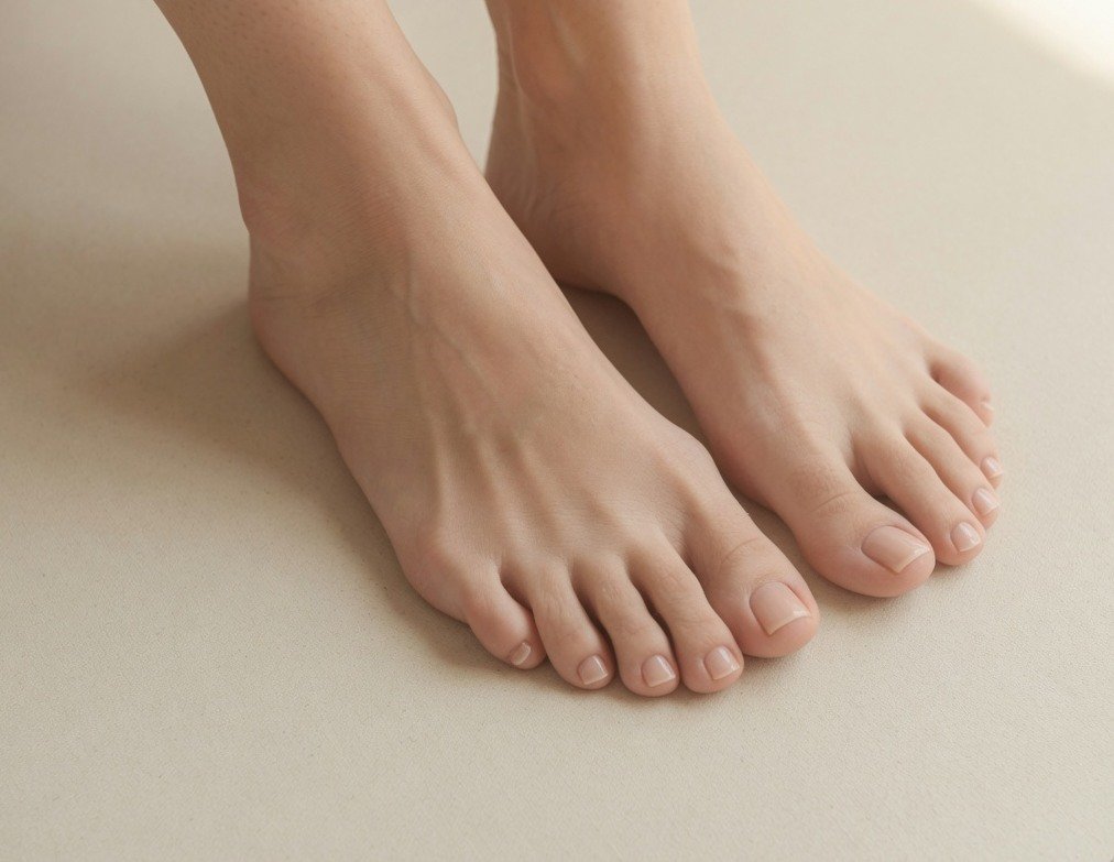 Bare feet photographed in soft window daylight against a plain neutral background