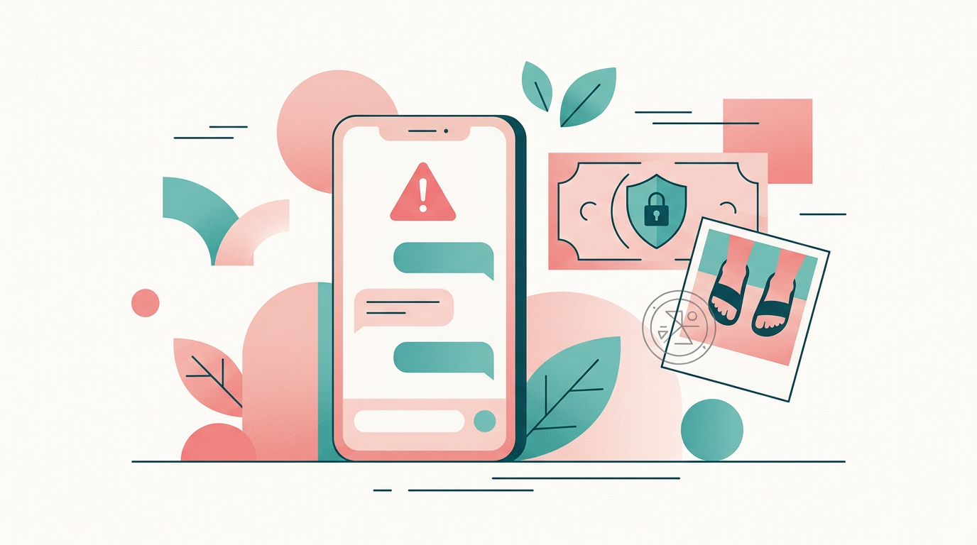 Flat illustration of a phone showing a scam warning, a protected payment, and a watermarked feet pic