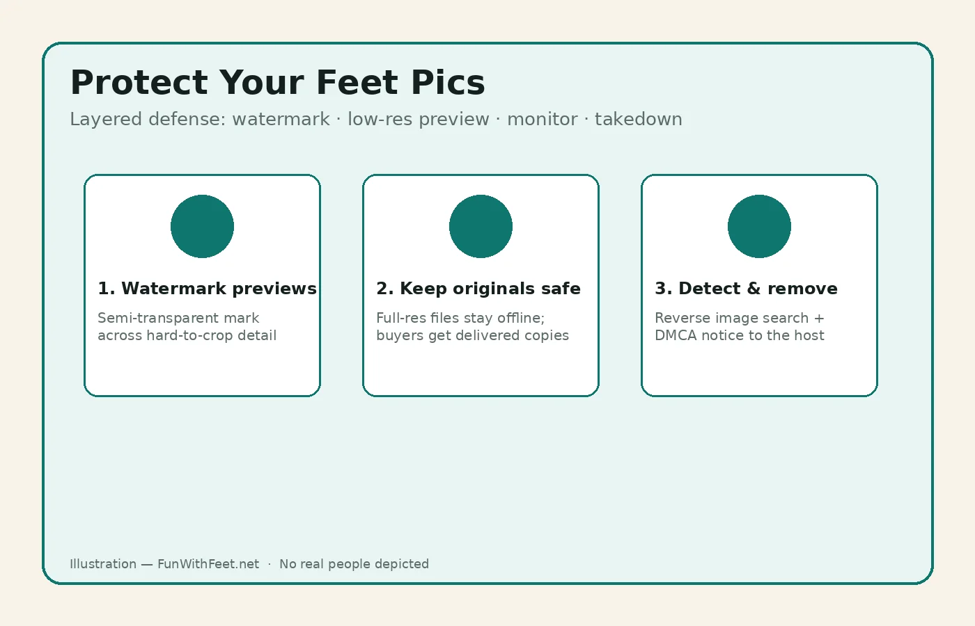 Illustrated three-card diagram for watermark previews, keeping originals safe, and detecting stolen copies